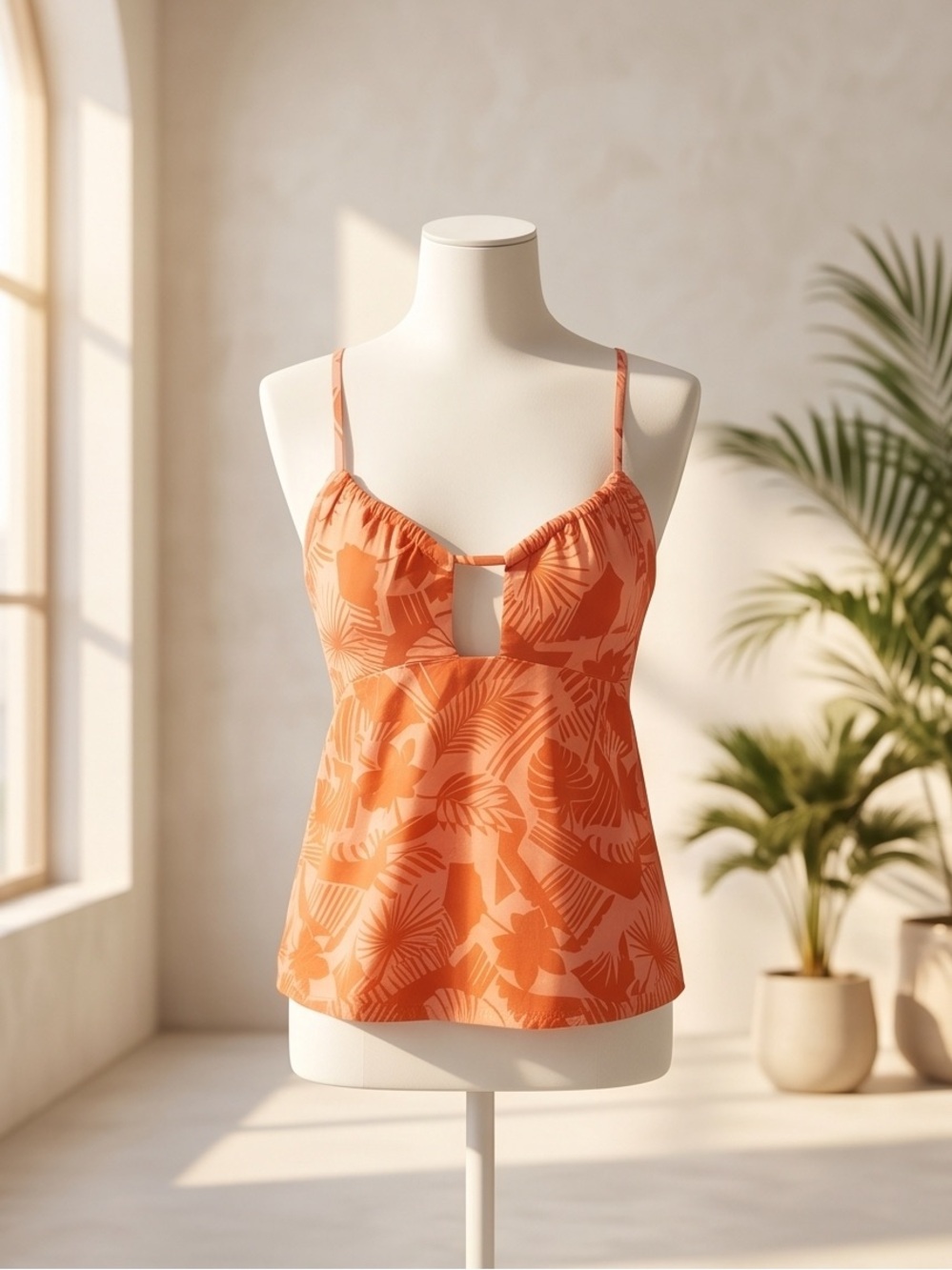 Volcom Orange Palm-Print Spaghetti Strap Tank